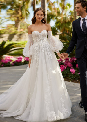 Ivory Lace Tulle Princess Wedding Dress With Detachable Puffy Sleeves